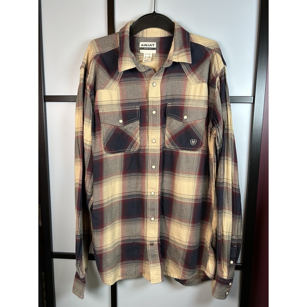Ariat Men Lg Tall Hale Retro Fit Western Shirt Pale Khaki Plaid Pearl Snap Rodeo